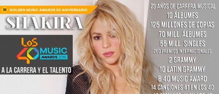 Shakira será homenageada na premiação espanhola “Los 40 Music Awards”